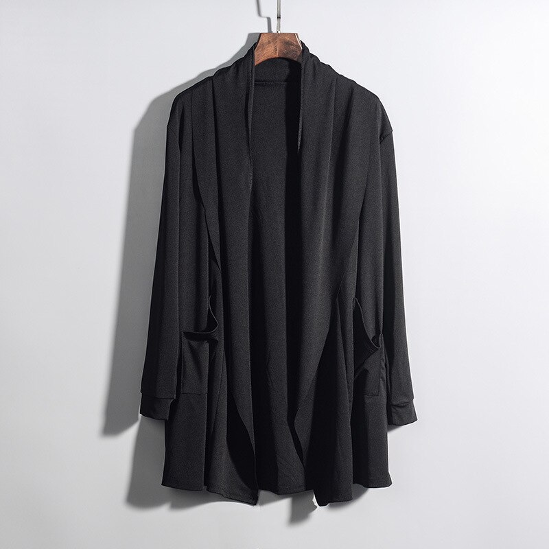 Chaqueta larga informal para hombre, abrigo japonés de Color sólido, rompevientos asimétrico, solapado, cuello chal, Parte delantera abierta, Tops: Negro / XXL