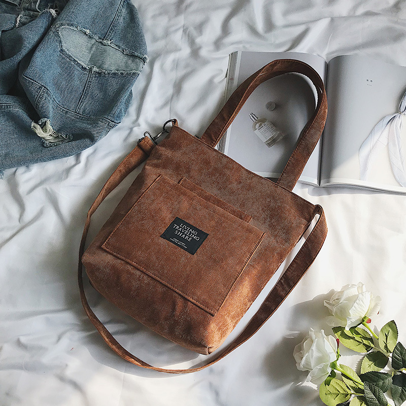 Women Corduroy Canvas Tote Ladies Casual Shoulder Bag Shopping Shopper Hand Bags For Female Messenger Korean Handbag Bag: Brown