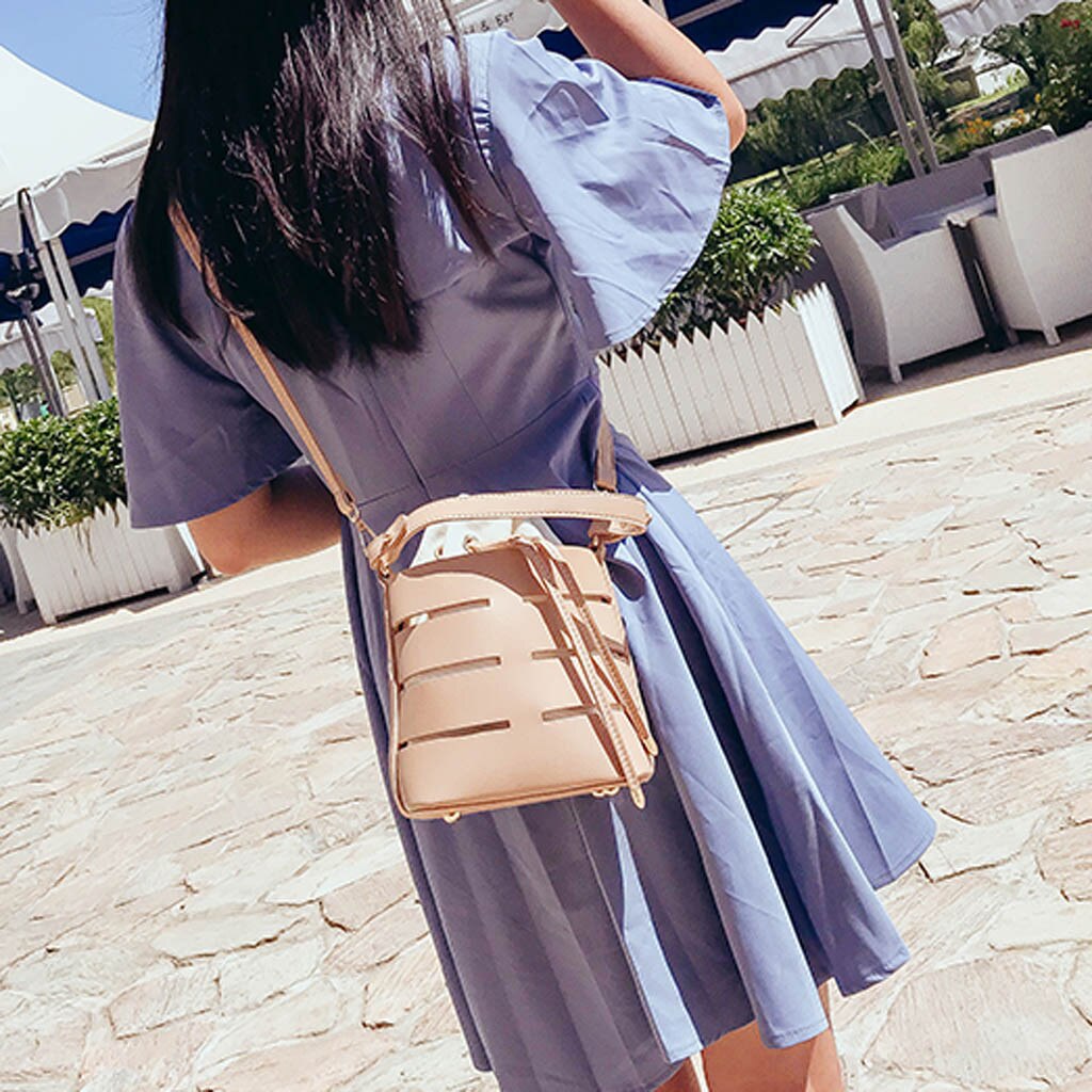 Aelicy Multi-layer Handbag Women's Hollowed Single Shoulder Bag Solid String Closure Softback Messenger Bags Bucket Pu: Khaki