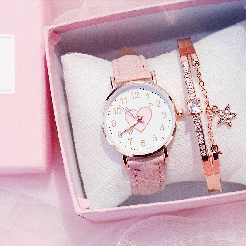 Cute Women Watches Casual Leather Strap Bracelet Lovely Girl Wrist Watch Pink Heart Shape Clocks Relogio Feminino
