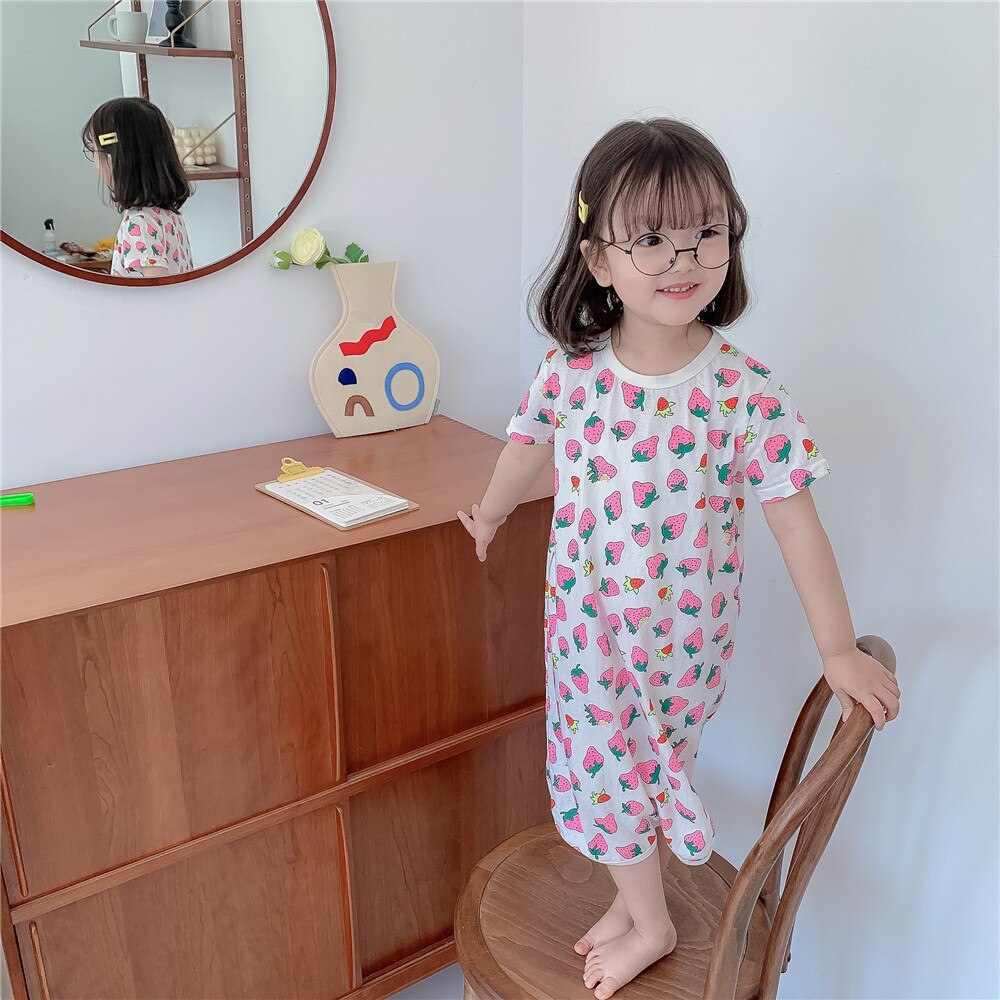 Baby Girls Cotton Nightdress Little Girls Girl Pajamas Dresses Children Strawberry Nightgown Homewear Kids Sleepwear: White / 80cm