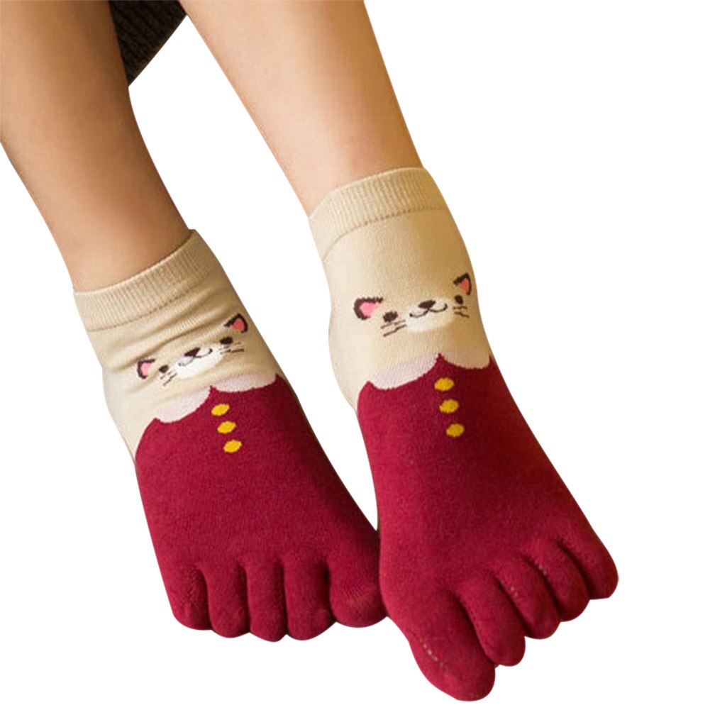 1 Paar Vrouwen Meisjes Zachte Cartoon Kat Sokken Vijf Vinger Tenen Katoen Herfst Winter Warme Sokken X85: Rood