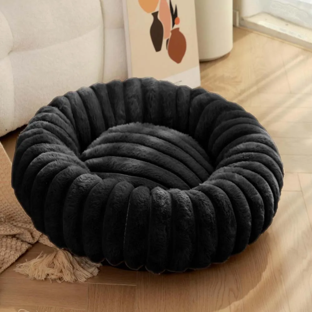 Perrera para mascotas de invierno, conejo redondo, relleno de felpa, suave, cómoda y cálida, colchón para perros y gatos de Color sólido a la , almohadilla para mascotas: M / Negro