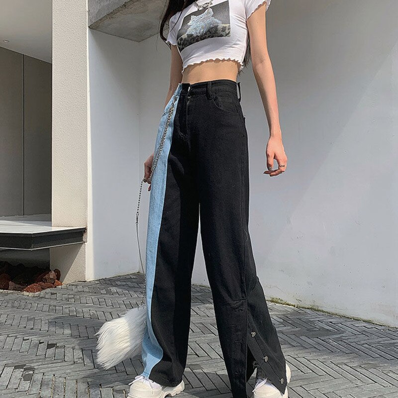 Taille haute femmes jean fendu vêtements large jambe jean été Vintage jean femme pantalons longs Cowboy femme vêtements de rue en vrac