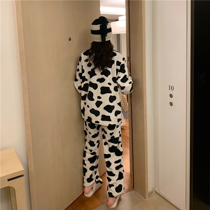 Pyjama dames herfst/winter pluche schattige koeienprint patroon warme lange mouwen pyjama huiskleding set