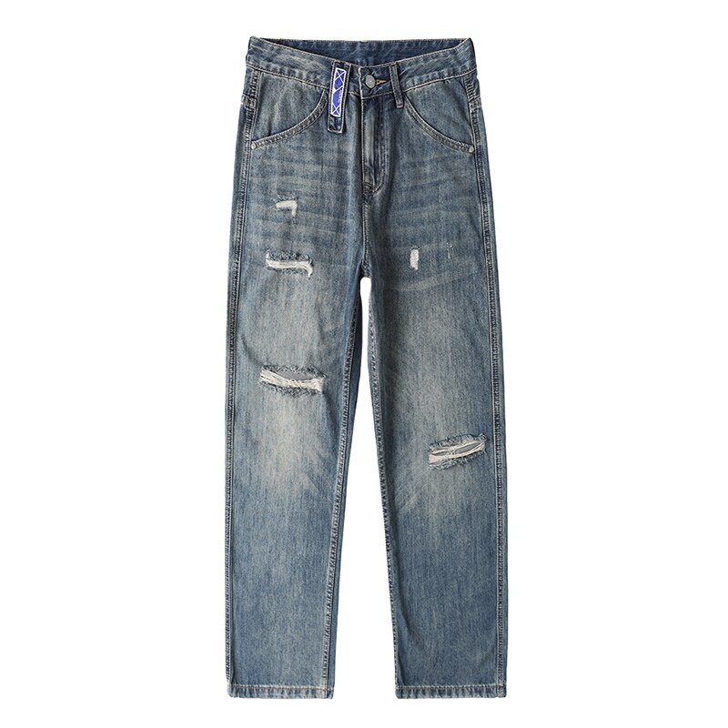 Men Jeans Straight Fit Destroyed Ripped Jeans Men Streetwear Retro Blue Hip Hop Loose Fit Wide Leg Denim Pants