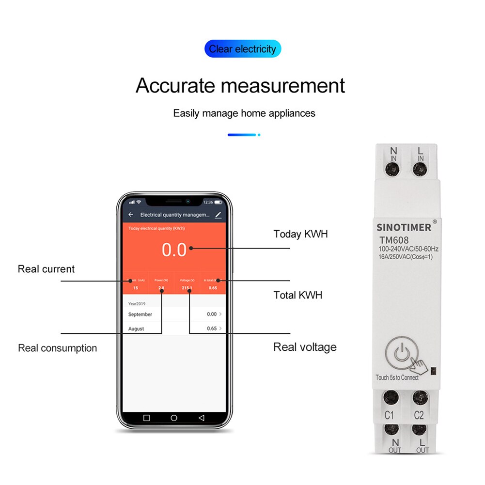 Tm608 smart wifi energimätare enfas energimätare mobiltelefonapp din järnvägstestare 16a 100-240v elmätare