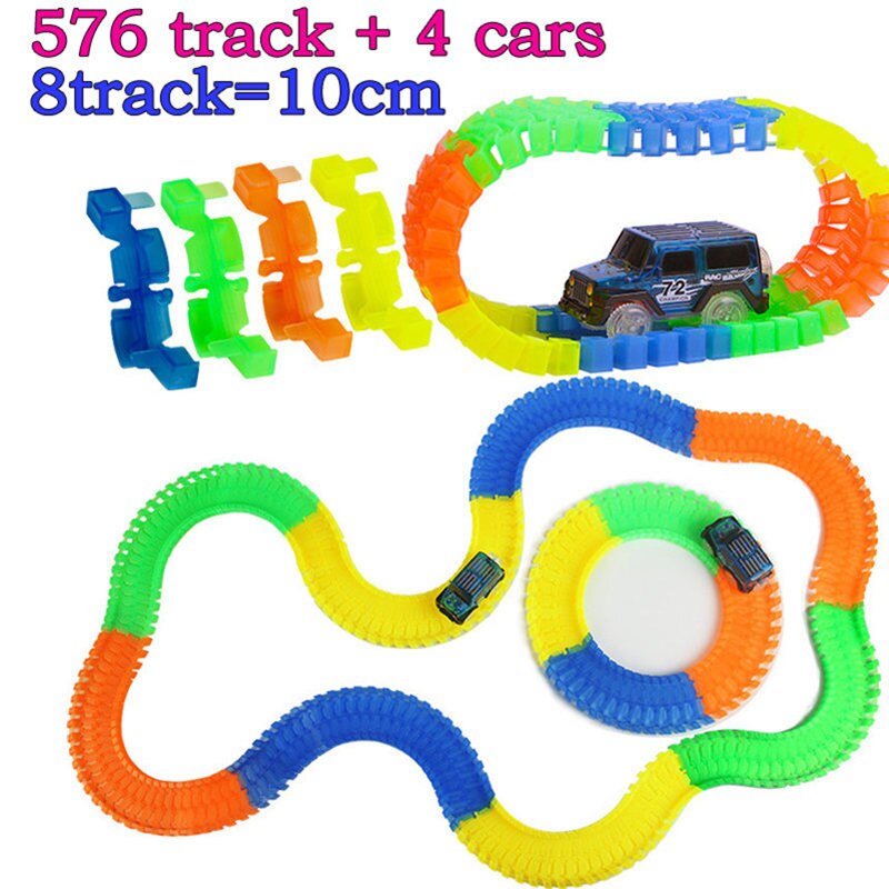 Railway Magical Glowing Flexible Track Car Toys Children Racing Bend Rail Track Led Electronic Flash Light Car DIY Toy Kids: 576 tracks and 4 car