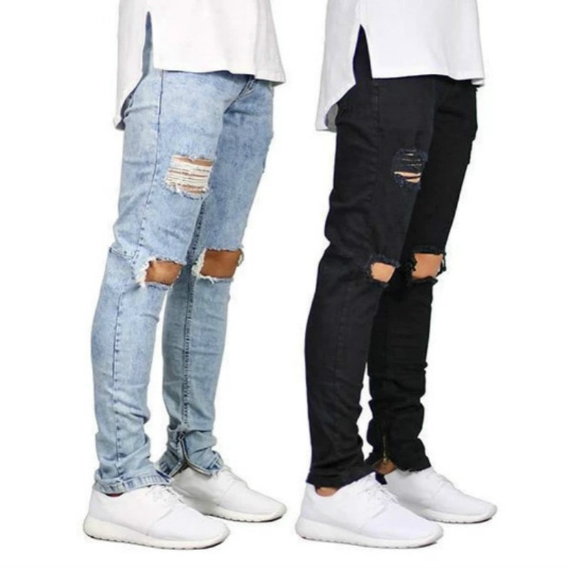 Vernietigde gescheurde jeans mannen uitgehold grote gaten bedel cropped denim broek broek casual heren skinny zijrits kokerbroek