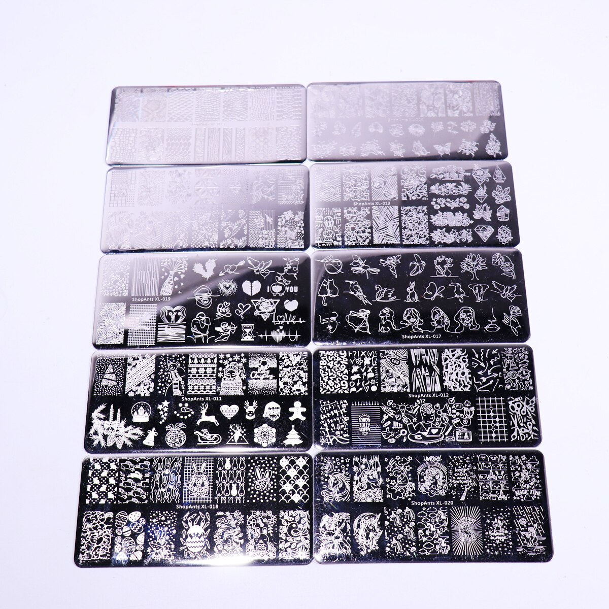 Conjunto de placas para estampado de uñas, de acero inoxidable, 6x12cm, 10 Uds., hojas de flores, geométricas, animales, plantillas de arte para uñas, XL-001-XL-020 para tiendas: XL-011-020