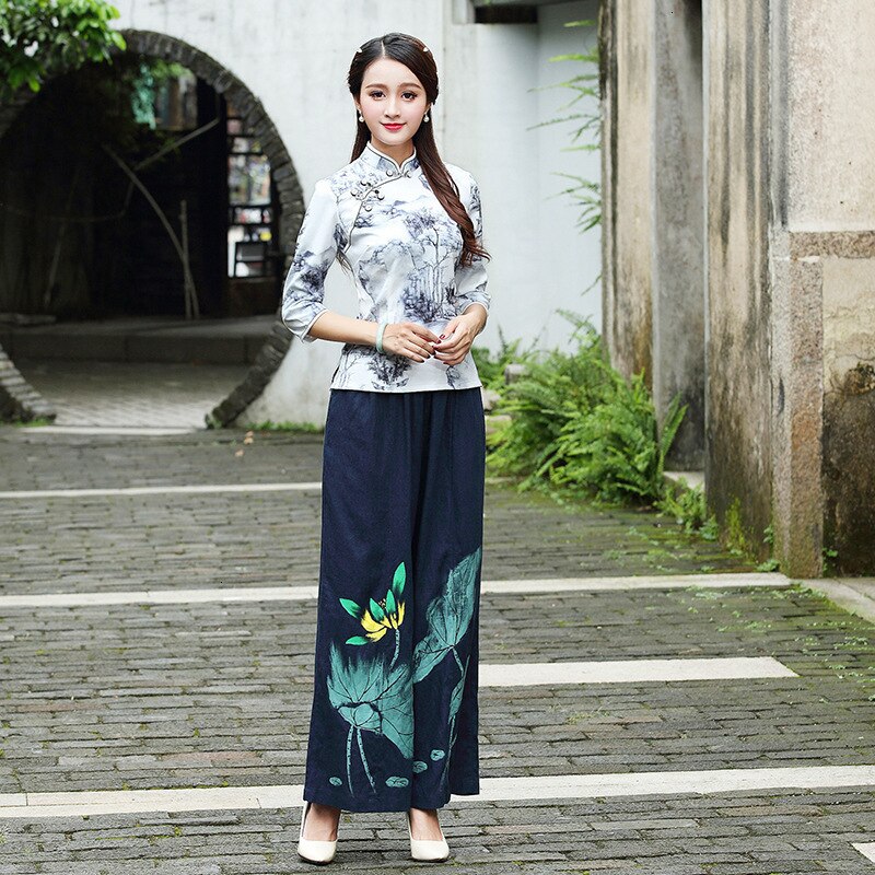 Traditional Chinese Clothing Women Sets Blouse And Pants Sets Elasticity Qipao Suits Tops Chinese Costume 3XL
