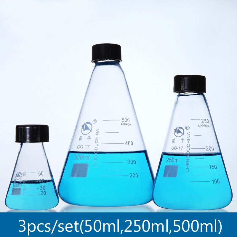 3pcs/set Conical Glass Flask with screw cap Thicked borosilicate glass triangle Erlenmeyer flask laboratory equipment