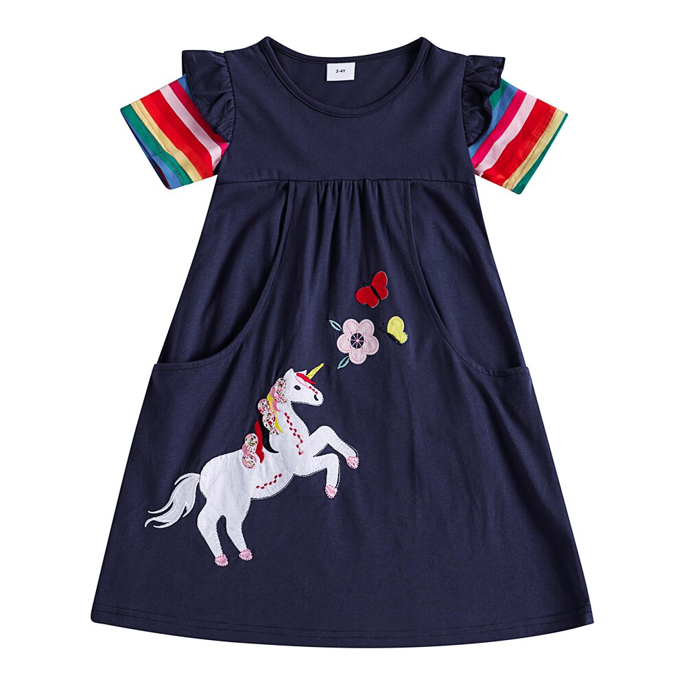 Jxs Nette Meisjes Korte Mouw Jurk Eenhoorn Bloem Borduren Zomer Casual Jurk: SH5835-Navy / 8T
