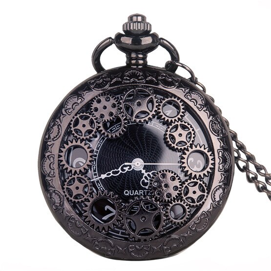 Ihåliga redskap steampunk siffror nummer fickur kvarts halsband ficka &amp; fob klockor kedja hänge män kvinnor manlig klocka: Svart