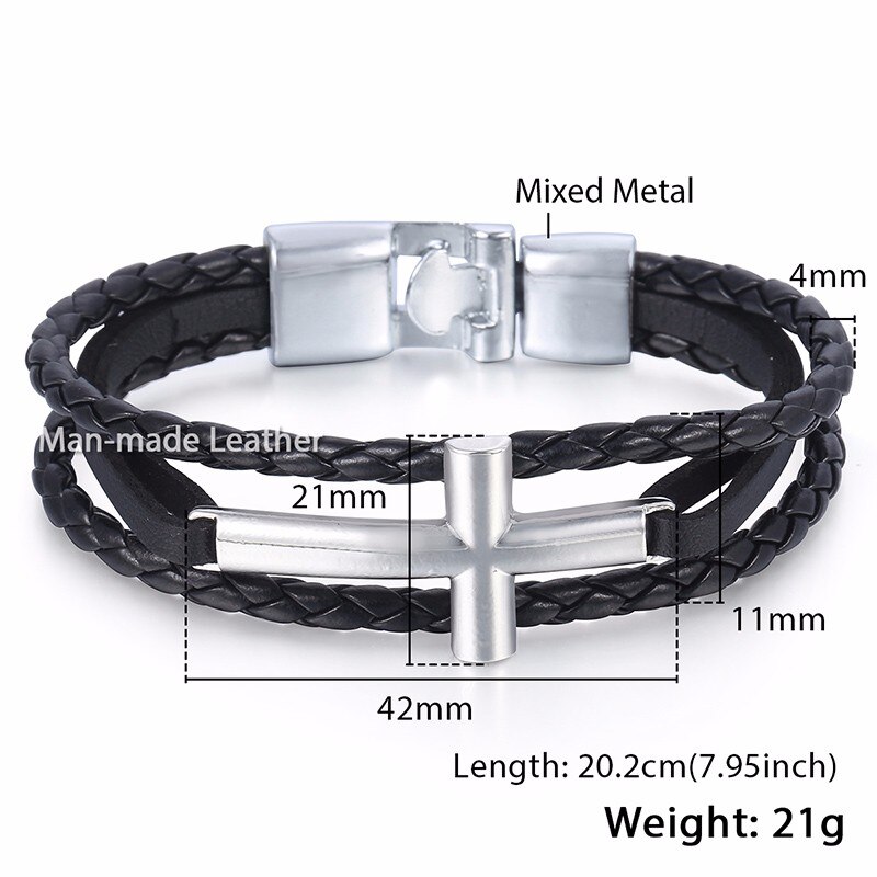 Davieslee Womens Mens Chain Cross Charm Bracelet Wristband Man-made Leather Braided Rope Link Black Silver Color 11mm LLBM117: LB717