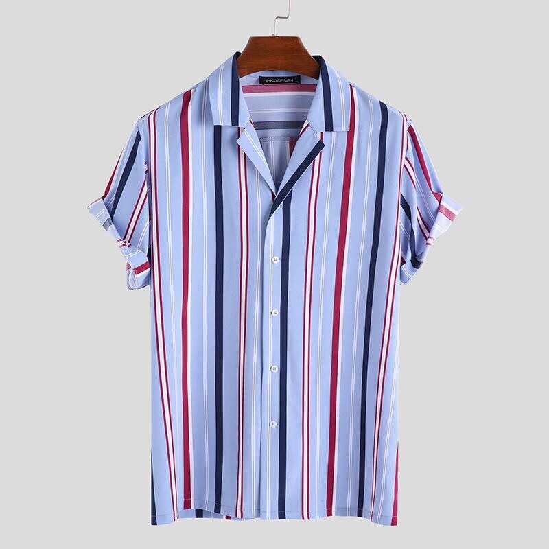 Heren gestreepte overhemden korte mouwen reverskraag overhemden heren overhemden met knoopsluiting ademend camisa streetwear s -5xl incerun: Blauw / Xxxl