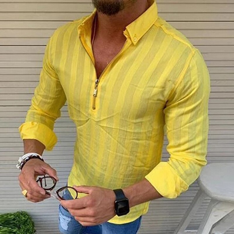 Gestreepte overhemden heren lange mouwen revers hals ritsen streetwear bovenkleding chique camisa heren overhemden plus size