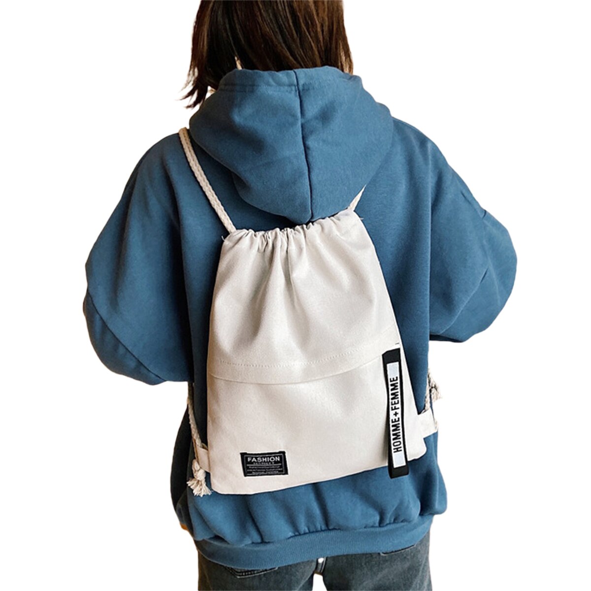 Vrouwen Schoudertassen Koreaanse Stijl Effen Kleur Brief Patroon Trekkoord Portemonnee Verstelbare Band Mode Outdoor Rugzakken: WHITE