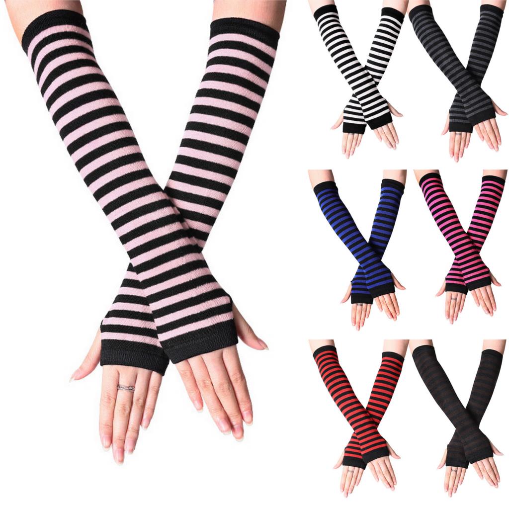 Women Lady Striped Elbow Gloves Warmer Knitted Long Fingerless Gloves Elbow Mittens Christmas Accessories