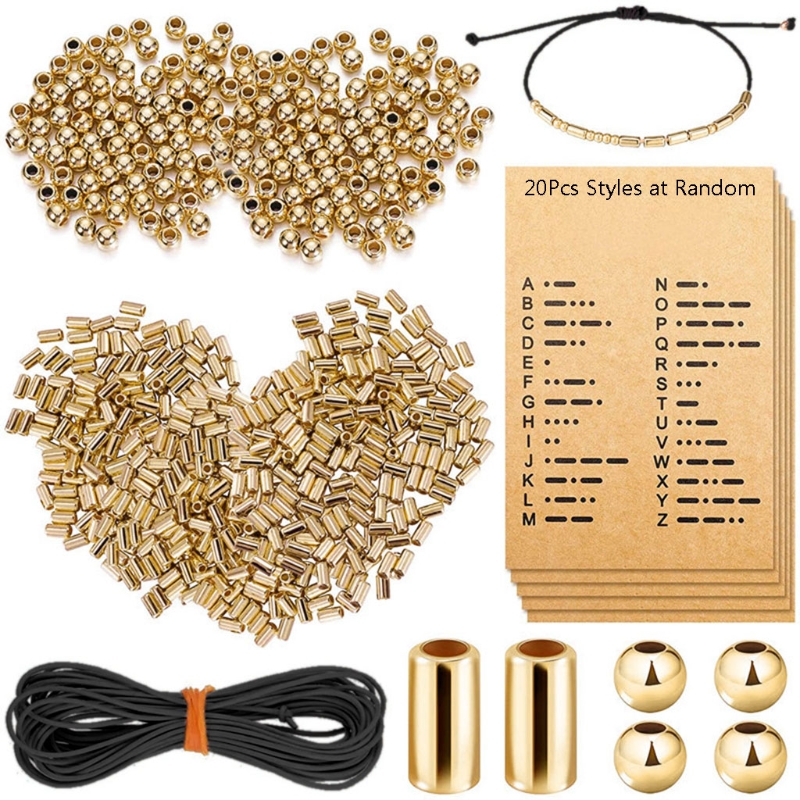 DIY Morse Code Bracelet Making Kit 400 Round Spacer Beads 400 Long Tube Beads 20 Morse Code Decoding Card 1Roll Wax Line: Gold-color