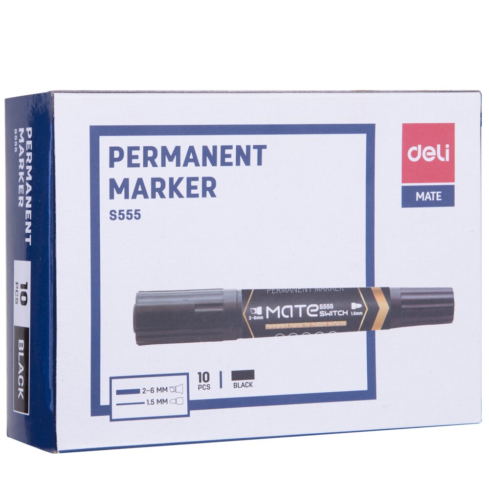 DELI Permanent Marker Dual Tips 10PCS/Box Bullet Tip 1.5mm Chisel tip 1-6mm Stationery Water Proof Permanent Marker Pens