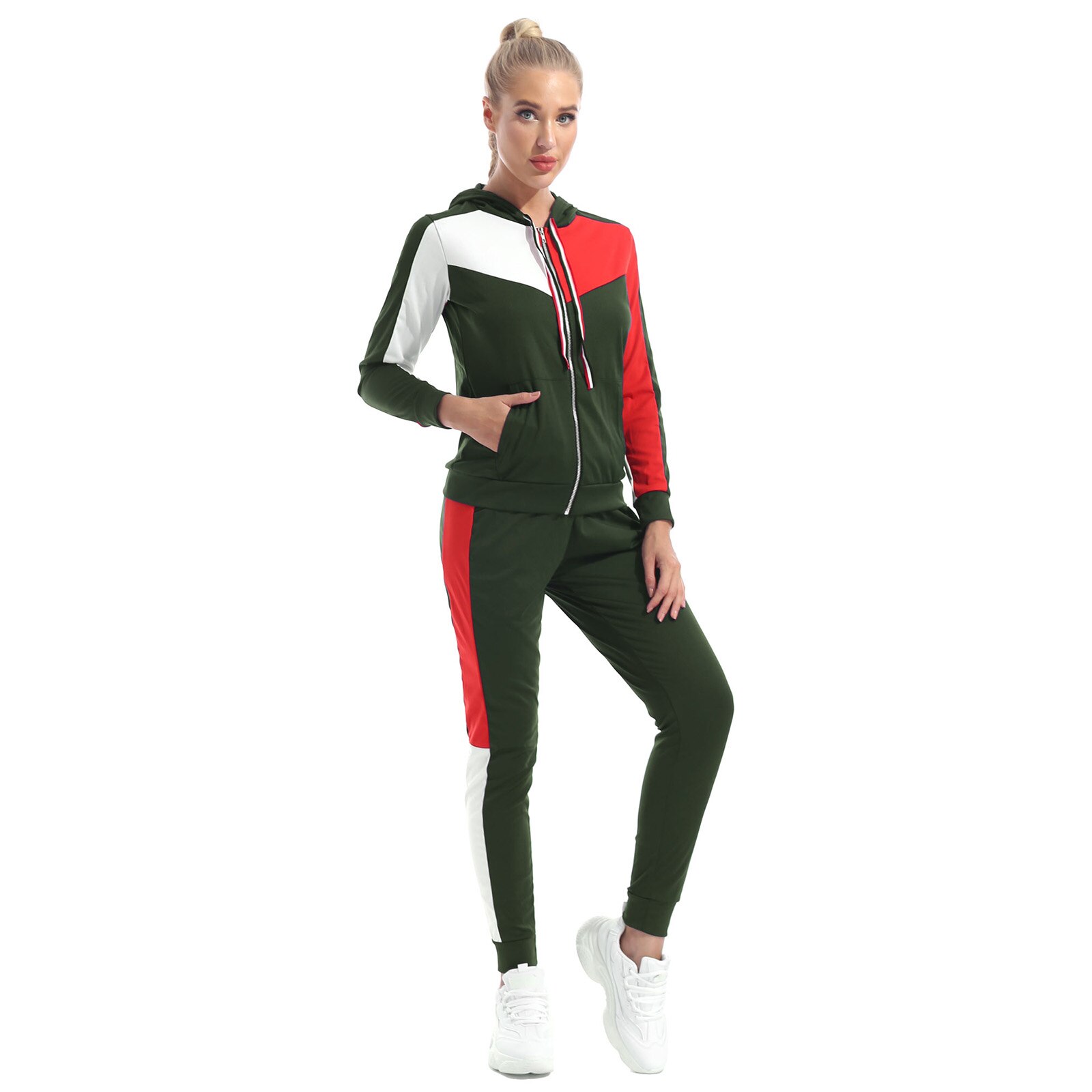 Damen-laufsets, zweiteilig, sportbekleidung, freizeit-trainingsanzüge, Fitness-trainingsanzüge, hoodies, jacken, oberteile und hosen, trainingskleidung: Armeegrün / S