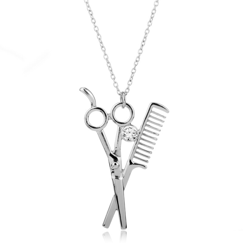 dongsheng Combs Scissors Pendant Rose Gold Scissors jewelry Cosmetologist hair Dresser Rhinestone Necklace Hairdresser: silver
