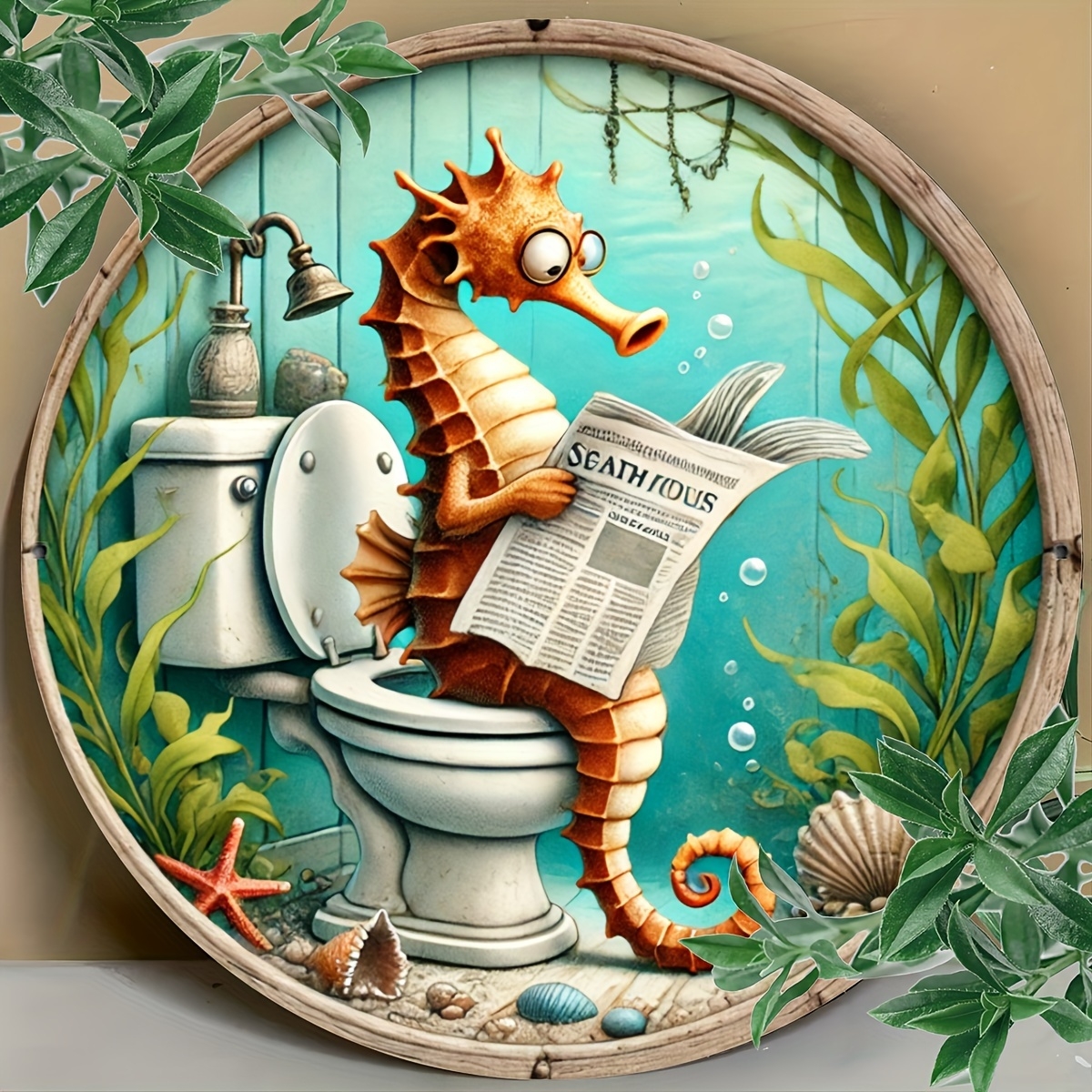 Zeepaardje Lezen Krant in het Toilet Thema Rond Houten Huis Keuken Tuin Club Garage Kantoor Muur Decor Ideale