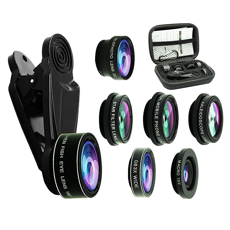7 en 1 téléphone caméra objectif Fisheye Fisheye grand Angle Macro Distance augmentant la polarisation kaléidoscope 7 en 1 ensemble