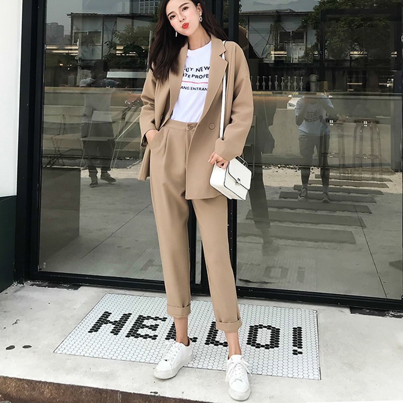 Autumn Casual Solid Women Pant Suits Notched Collar Blazer Jacket & Pant Khaki Female Suit 2 Pieces set: XL
