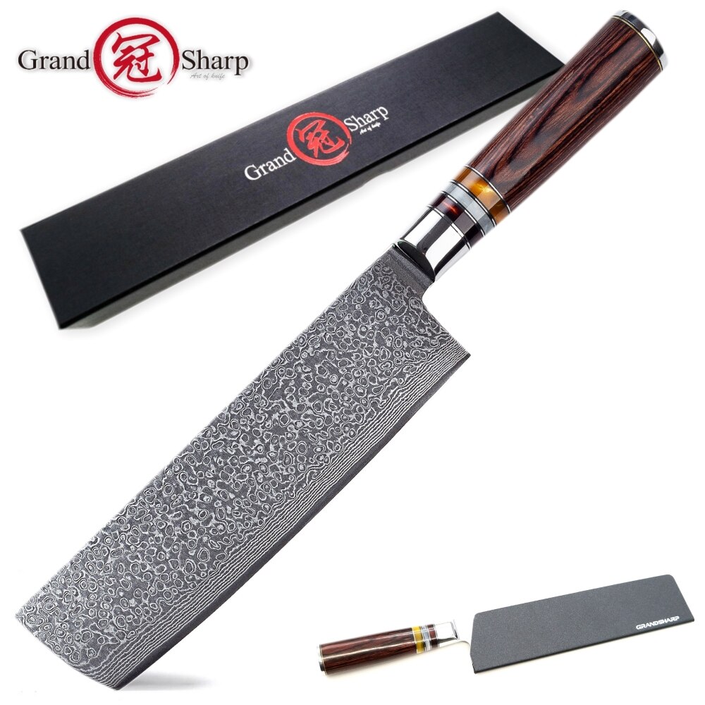 Grandsharp Damasco cuchillos de cocina 4 Uds Chef cuchillo Nakiri de corte de herramientas de cocina casera VG10 japonés de acero inoxidable: Nakiri knife