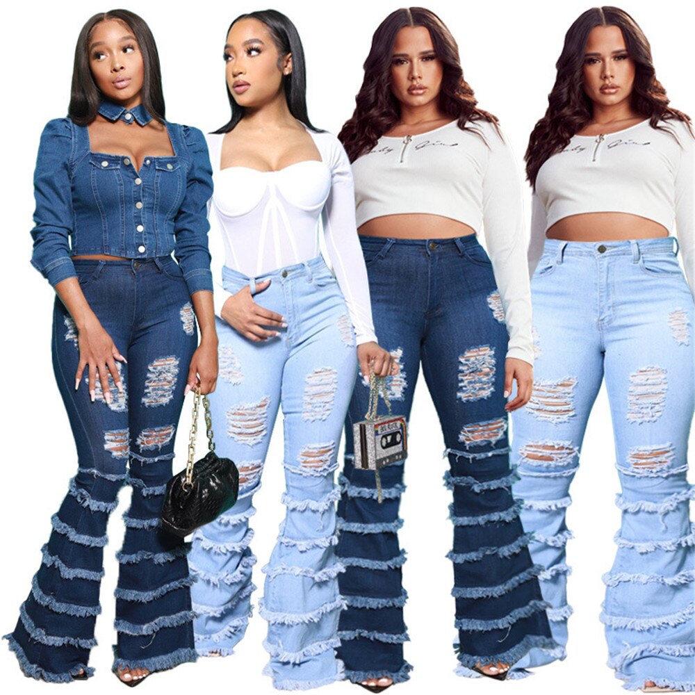 Plus Size Jeans Women Denim Pants Ripped High Waist Bottom Tassel Boyfriend Streetwear Birthday Outfits