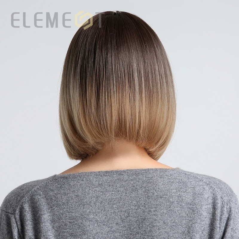 Element Synthetic Short Straight Bob Wigs for White/Black Women Ombre Brown Blonde Cosplay Party or Daily Wigs with Bangs