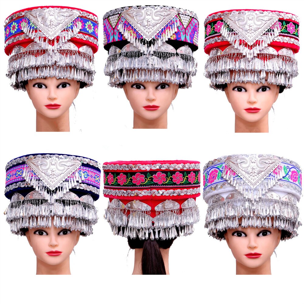 Coiffure de Costume de danse folklorique chinoise pour femmes, chapeaux Hmong Miao argentés, chapeaux de danseuse de scène, vêtements de la minorité chinoise