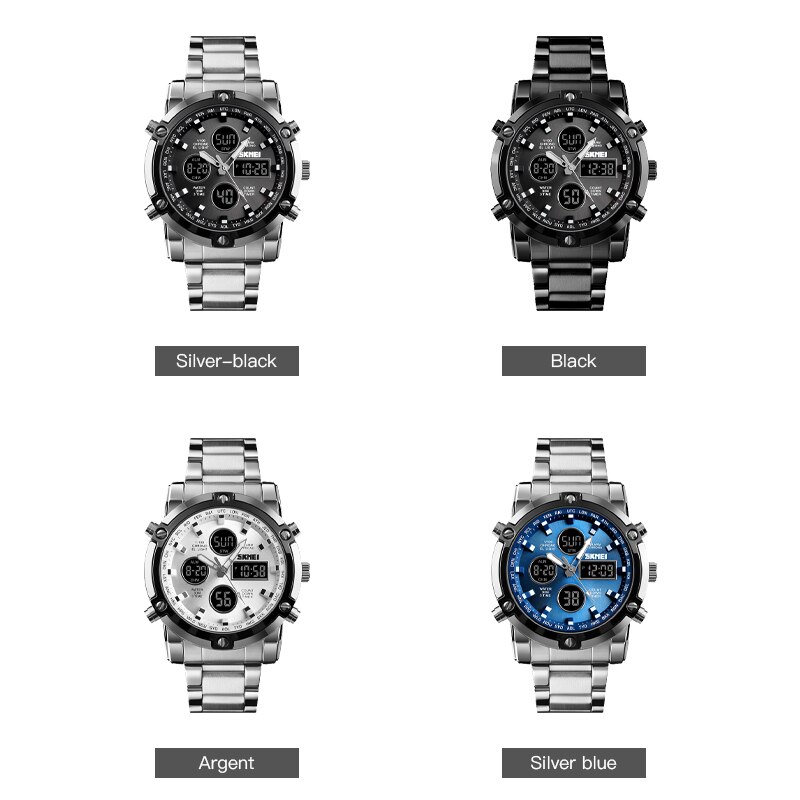 Skmei 3-malige Hintergrund beleuchtung Digitaluhren Herren Vollstahlband-Quarz-Armbanduhr Countdown-Uhr relogio maskulino