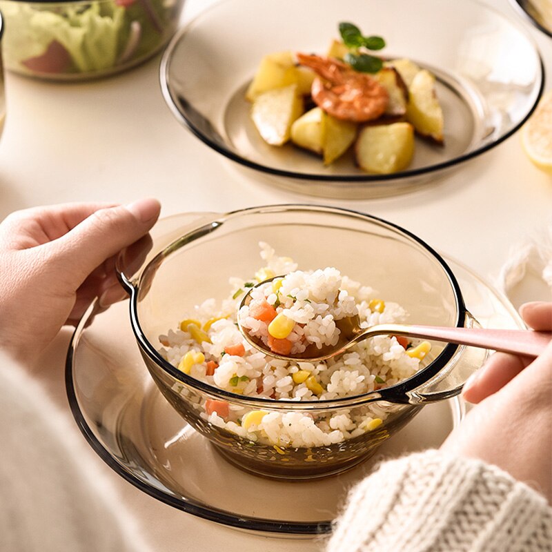 European Glass Pot With Lid Heat-Resistant Microwave Household Glass Bowl Instant Noodle Bowl Salad Noodle Bowl Soup Bowl