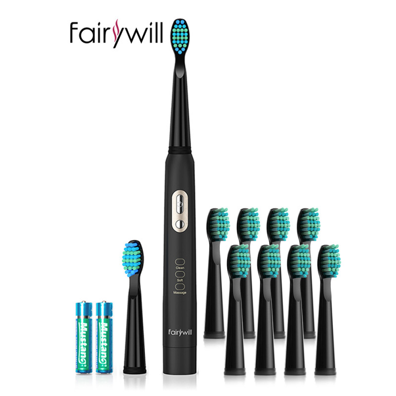 Fairywill-cepillo de dientes eléctrico sónico para adultos, cepillo de dientes blanqueador con temporizador inteligente, resistente al agua IPX7, 2 cabezales reemplazables, batería AAA: AE-FW-2011.FW02.2