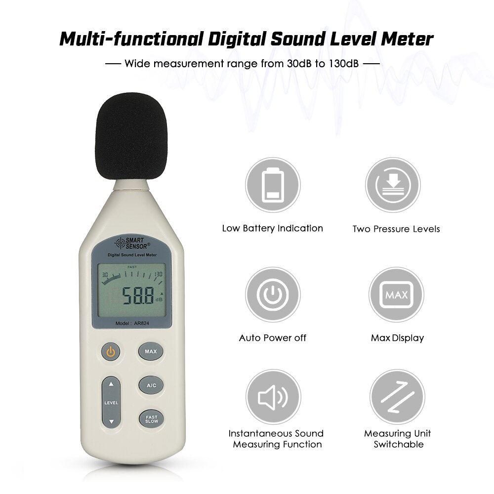 SMART SENSOR High Accuracy LCD Digital Sound Level Meter Noise Measuring Instrument Decibel Monitoring Tester 30-130dBA