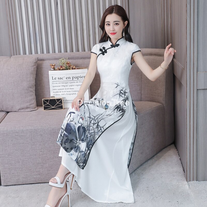cheongsam dress women lace qipao spilt cheongsam mandarin collar novelty chinese dress lady party dress: color1 / M