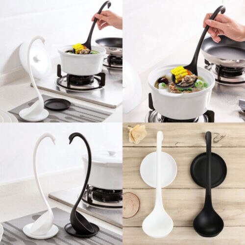 Sød langhåndet suppe slev hvid/sort opretstående svaneske køkken underkop bordservice servise madlavning gadgets værktøjer