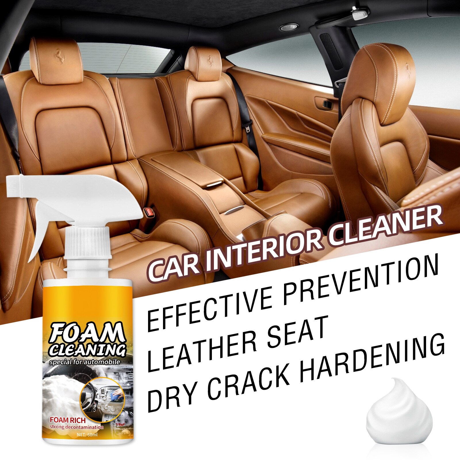 Multipurpose Foam Cleaner for Car Seat Steering Wheel Rinse-Free Car Interior Cleaner Easy to Use PR