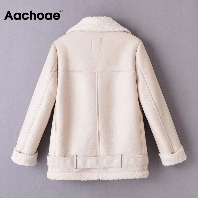 Aachoae Frauen Winter Feste PU Faux Leder Jacke Mit Gürtel Dicke Warme Reißverschluss Langarm Mantel Weibliche Streetwear gepolstert Jacken