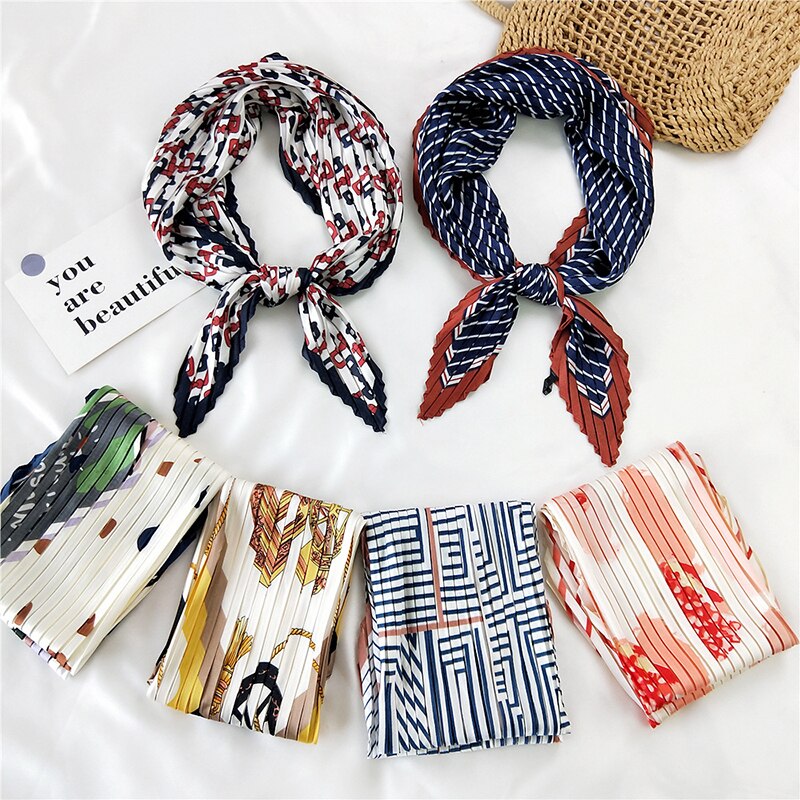 70*70cm Wrinkle Small Silk Scarf For Women Chiffon Square Scarf Fold Scarf Floral Striped Printed Women Office Scarves Foulard