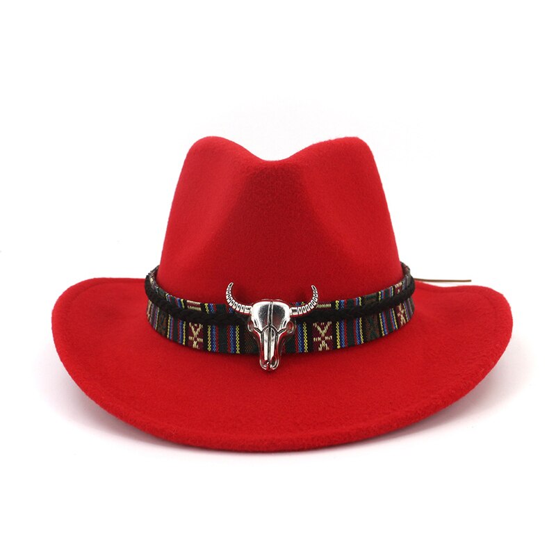 Qbhat unisex carnival cowboy hat rulleskygge uld filt fedora herre dame western hatte metal bullhead dekoreret trilby: Rød