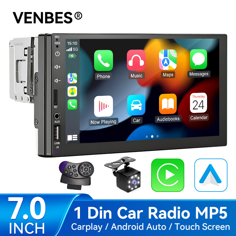 VENBES 7 "Radio Universal para coche CarPlay Android Auto 1 DIN reproductor Multimedia pantalla táctil Mirrorlink BT Audio automático
