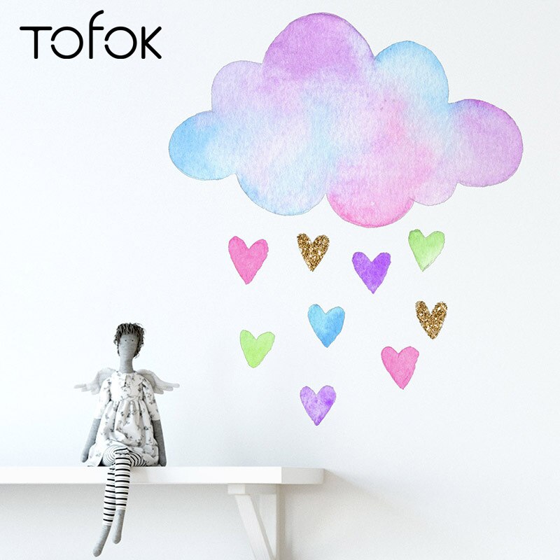 Tofok kleurrijke harten wolken decoratieve sticker aquarel stijl baby kinderkamer kunst muurschildering stickers waterdichte pvc sticker