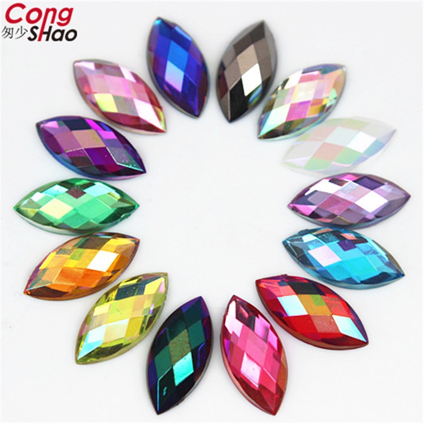 Cong shao 100 stk 7*15mm ab farverige hesteøje flatback akryl rhinestone trim sten og krystaller dekoration tilbehør  wc54
