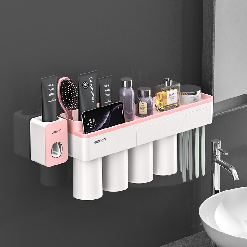 Toothbrush Holder Bathroom Accessories Toothpaste Squeezer Dispenser Storage Shelf Set For Bathroom Magnetic Adsorption With Cup: Pink 4 Cups Sets