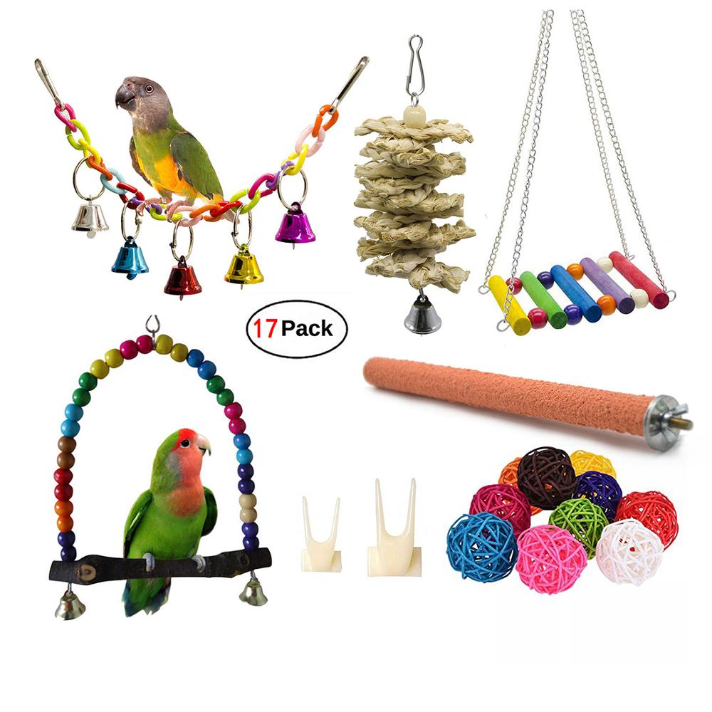 17 paquetes de juguetes para loros, juguetes para pájaros, juguetes oscilantes para masticar, cascabeles colgantes, juguetes de jaula para pájaros
