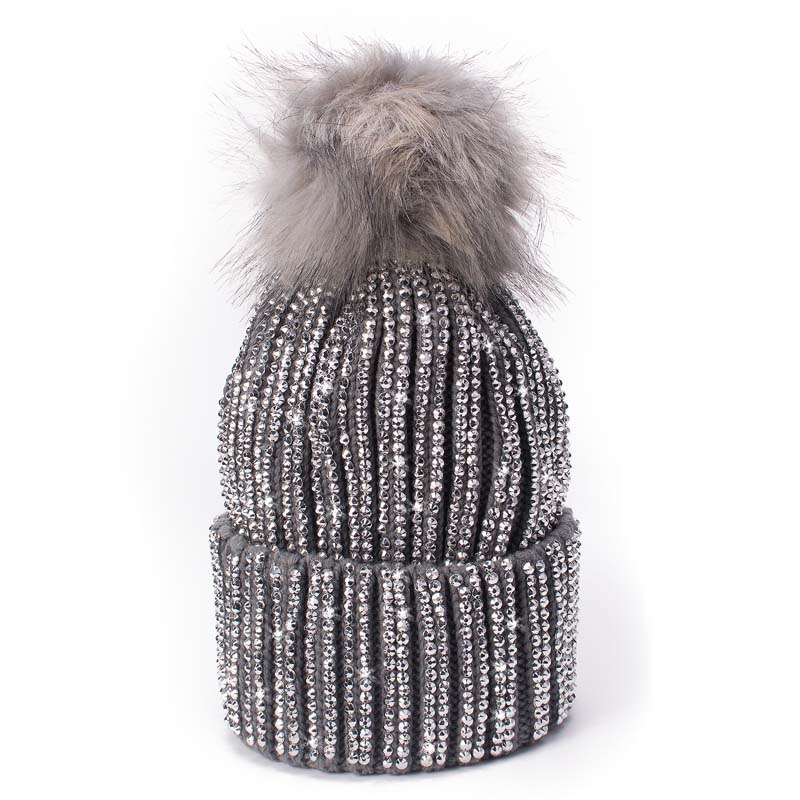 Lawliet Winter Hats Faux Fur Pom Pom Rhinestone Bling Style Women Beanies Warm Knitted Hat Ladies Skull Cap A469: Gray